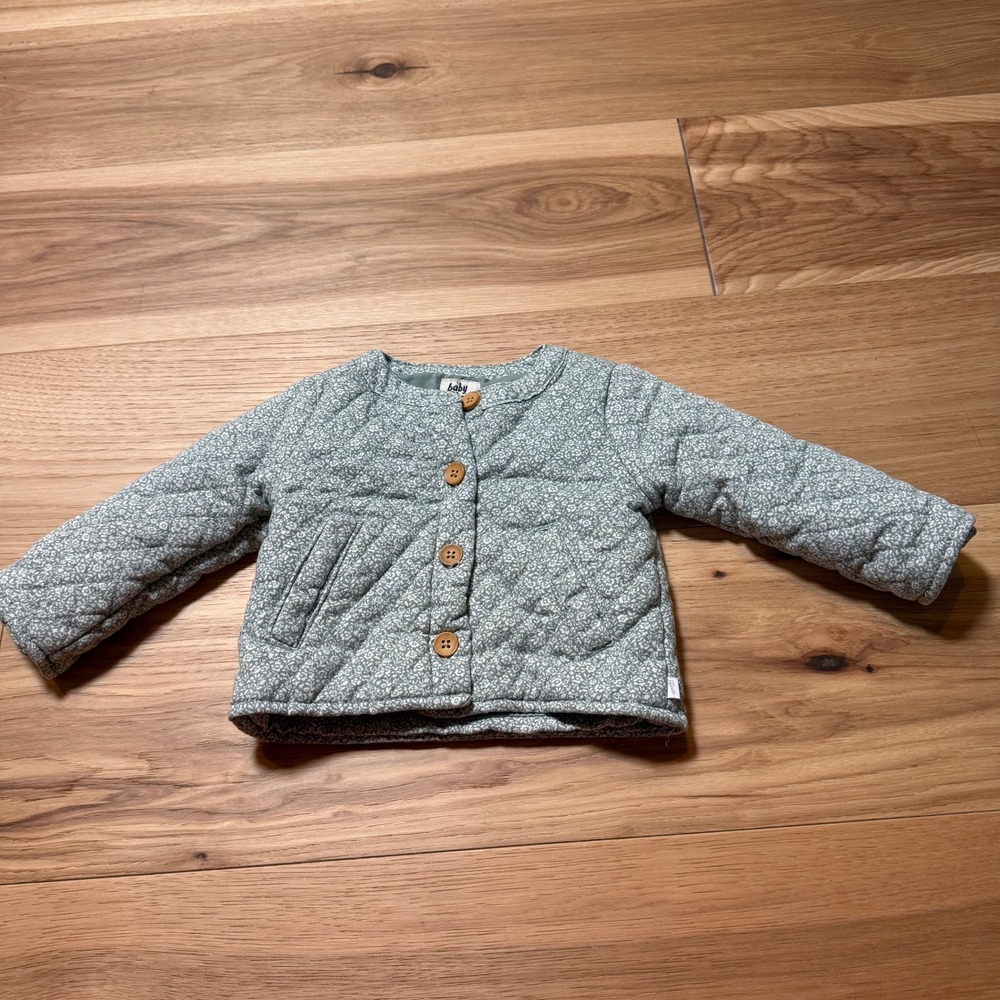 Baby Bgosh Quilted Jacket Kids 12M Sage Green White Floral Button Front OSH89381